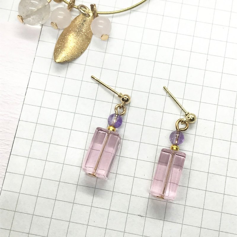 粉紅方塊寶石紫晶小清新耳環 - 耳環/耳夾 - 寶石 粉紅色
