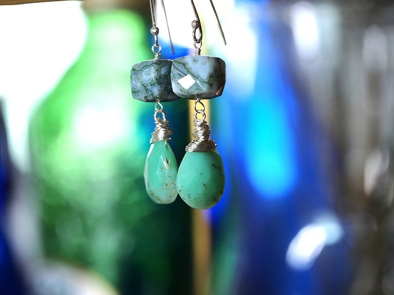 【瑪雅塔拉】天然澳洲綠玉髓 苔紋瑪瑙耳環  - 耳環/耳夾 - 半寶石 綠色