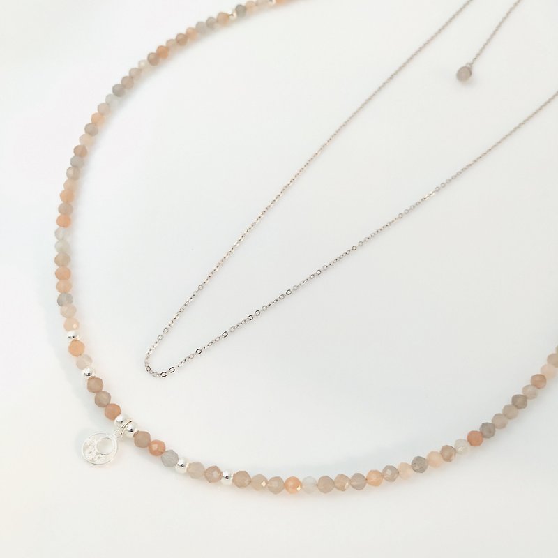 Natural Orange Moonstone Necklace | 925 Silver Hand-made Double Circle Necklace Customized Gift | - Necklaces - Gemstone Orange