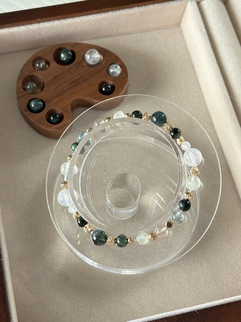 /晨霧青蔓/情緒穩定綠藍晶 阿魯沙 綠髮晶 葡萄石 藍針水晶 月光 - 手鍊/手環 - 水晶 綠色