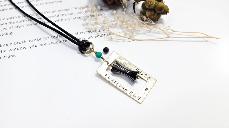 [female models] custom lettering irregular beat brass box black gallstone leather rope necklace Valentine's Day / Christmas - Necklaces - Faux Leather 