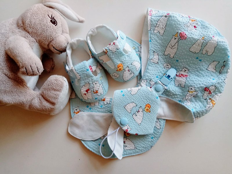 Polar bear family, Miyue gift group, baby shoes, baby hat, bib, two-in-one nipple clip - Baby Gift Sets - Cotton & Hemp Blue