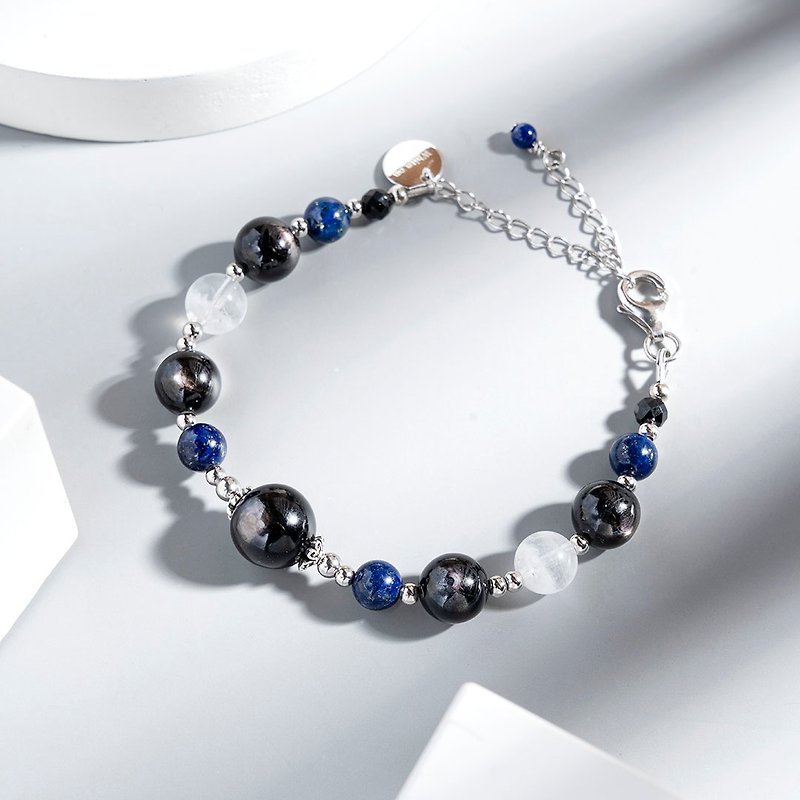 Golden Luck Stone Lapis Lazuli White Ghost 925 Silver Crystal Bracelet Gift Tai Sui - Bracelets - Crystal Black