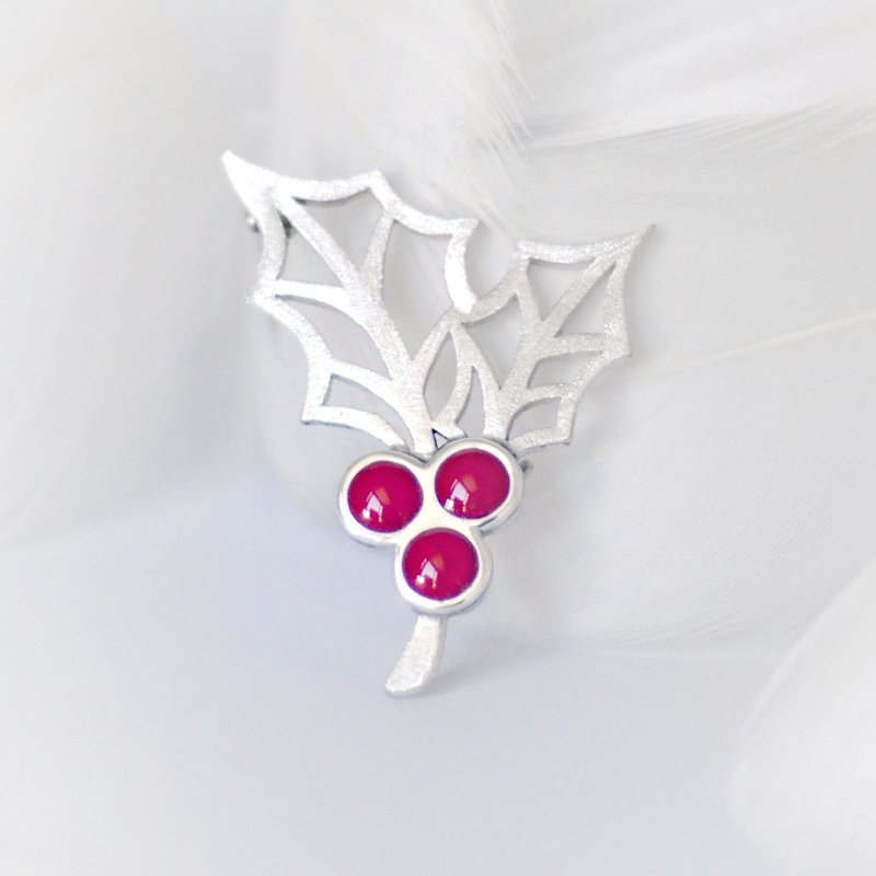 Holly Berry / 925 Sterling Silver Enamel Brooch-Gift for her - Brooches - Sterling Silver Red