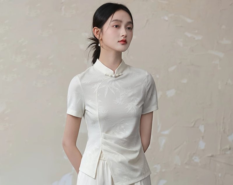 新中式中國風 高端提花通勤修身上衣 - 女上衣/長袖上衣 - 其他材質 白色