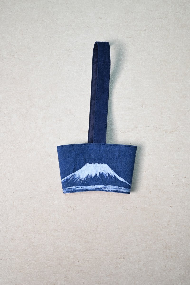 【記憶有限】藍染飲料提袋-富士山系列 - 飲料提袋/杯套 - 棉．麻 藍色