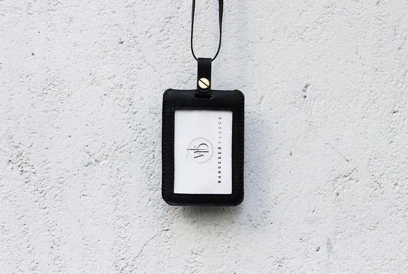 Alcohol black vegetable tanned leather double-layer ID holder - ที่ใส่บัตรคล้องคอ - หนังแท้ สีดำ
