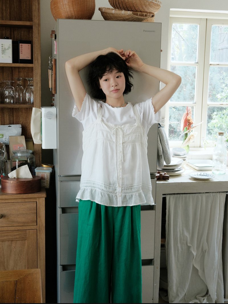 砂洗亞麻花邊疊穿吊帶小衫 - 女襯衫 - 棉．麻 多色