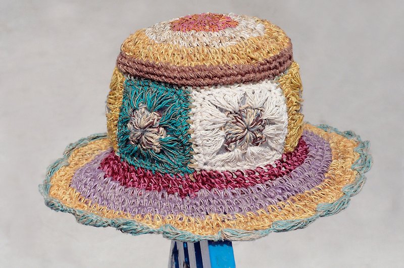 バレンタインデーギフト限定版の手織りコットンリネンキャップ/ニットキャップ/帽子/麦わら帽子/バイザー/かぎ針編みの帽子-ブルー地中海の色とりどりの花が織り込まれています