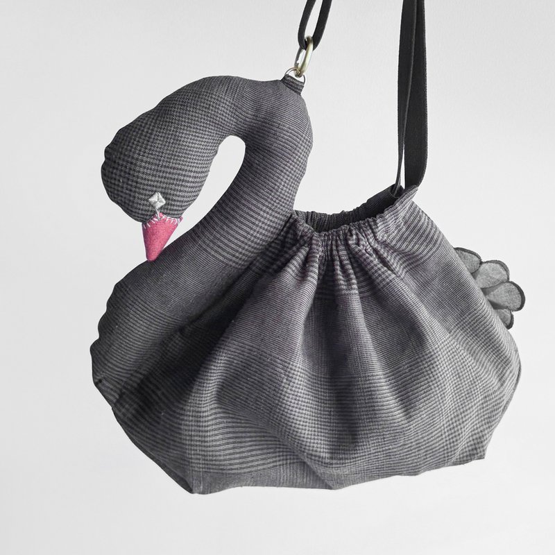 スワンハンドバッグ 　　黒鳥巾着　コットン　30日程で発送 - 手提包/手提袋 - 棉．麻 灰色