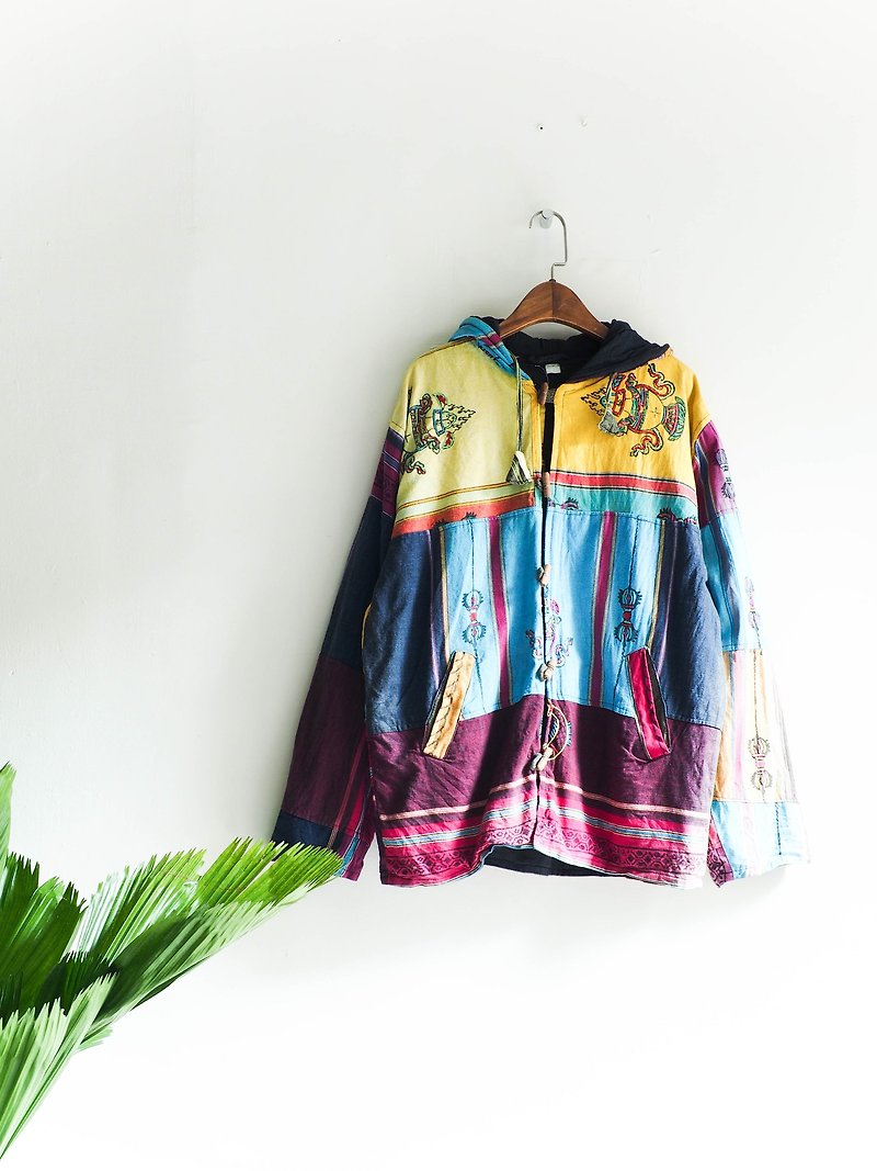 Rivers and mountains - rotating rotating colorful Trojans color thread embroidery antique cotton coat vintage neutral shirt oversize vintage denim - เสื้อแจ็คเก็ต - ผ้าฝ้าย/ผ้าลินิน หลากหลายสี