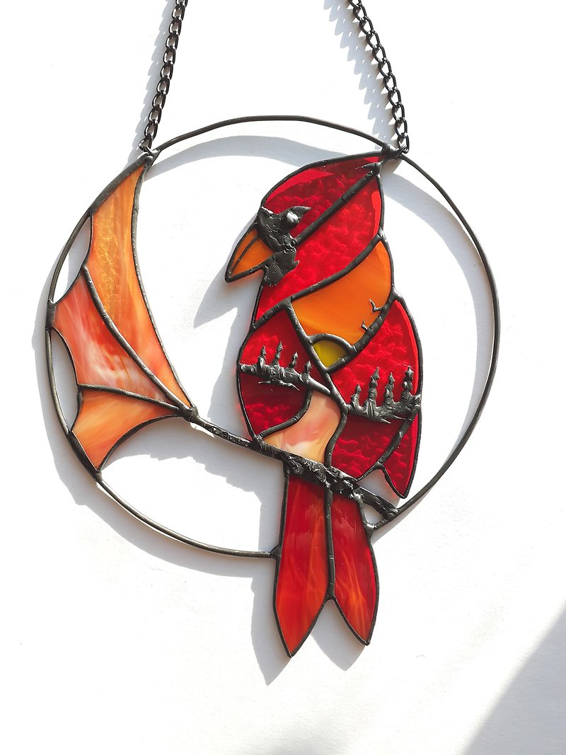Stained Glass Red Bird Dreamcatcher, Cardinal Suncatcher Sun Stained Glass - Wall Décor - Glass Multicolor