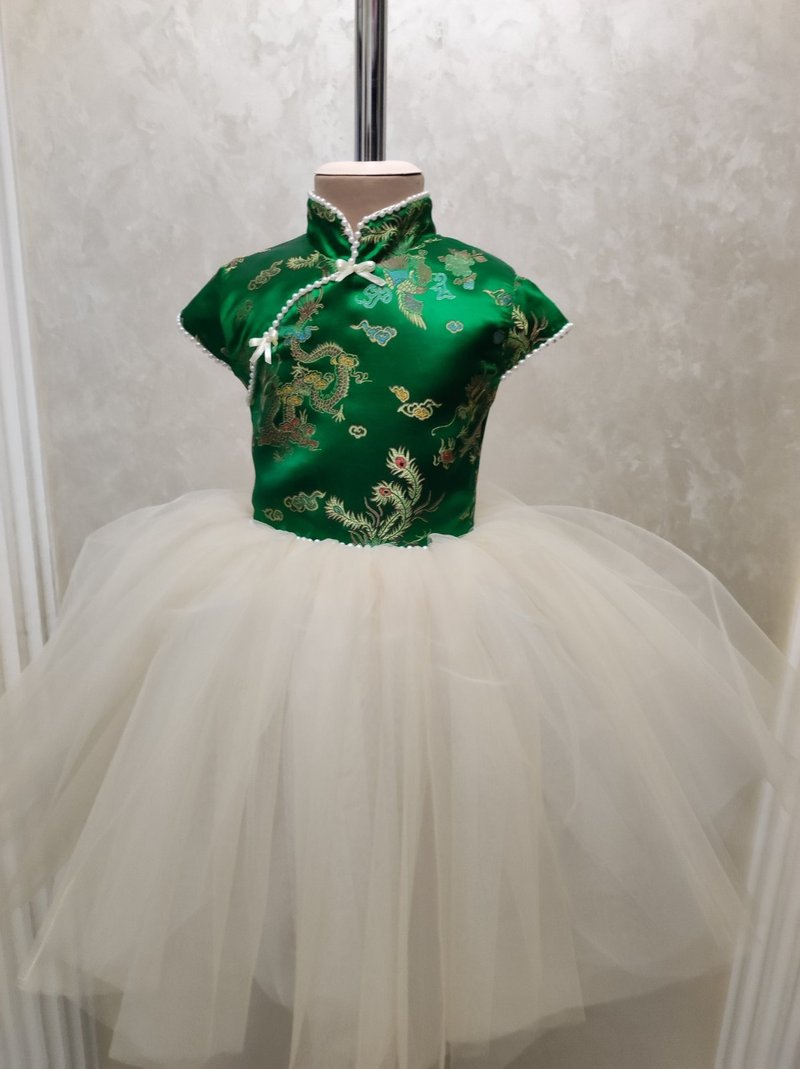 童裝綠色和服緞面龍圖案洋裝象牙色裙子 - 男/女童禮服 - 其他材質 多色