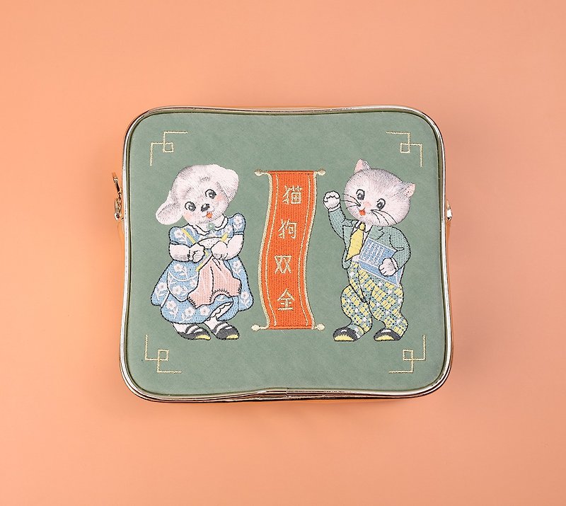 NoMatch vintage retro cat and dog embroidery bag satchel - กระเป๋าแมสเซนเจอร์ - หนังเทียม สีทอง