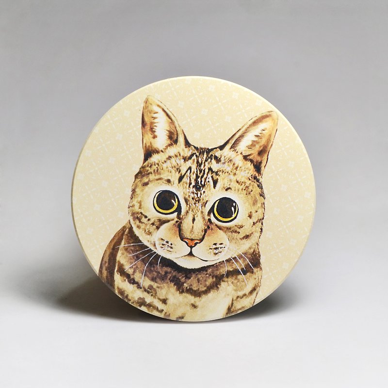 Absorbent ceramic coaster-tabby cat (free sticker) (customized text can be purchased) - ที่รองแก้ว - ดินเผา สีกากี