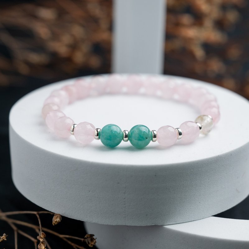 Rose Quartz Series 8mm Rose Quartz Corner Stone Amazonite Single Layer Bracelet - สร้อยข้อมือ - คริสตัล สึชมพู