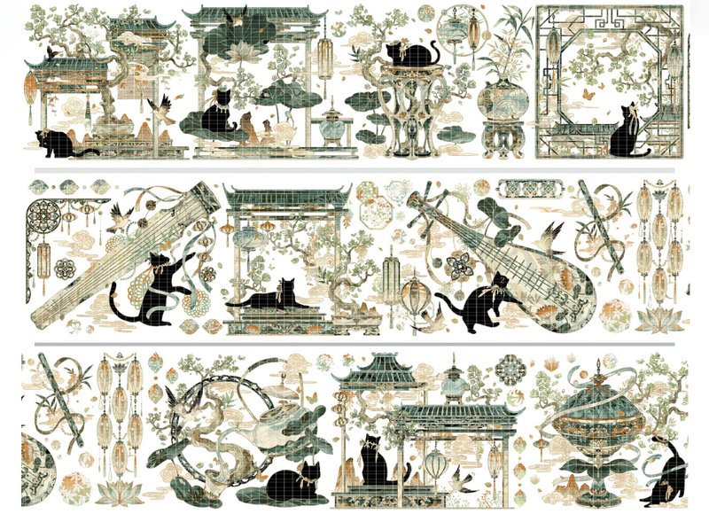 Song Black Cat Oriental Ancient Style PET Paper Tape Shell Light/ Cut-Type Sticker Roll Star Film - มาสกิ้งเทป - วัสดุอื่นๆ สีเขียว