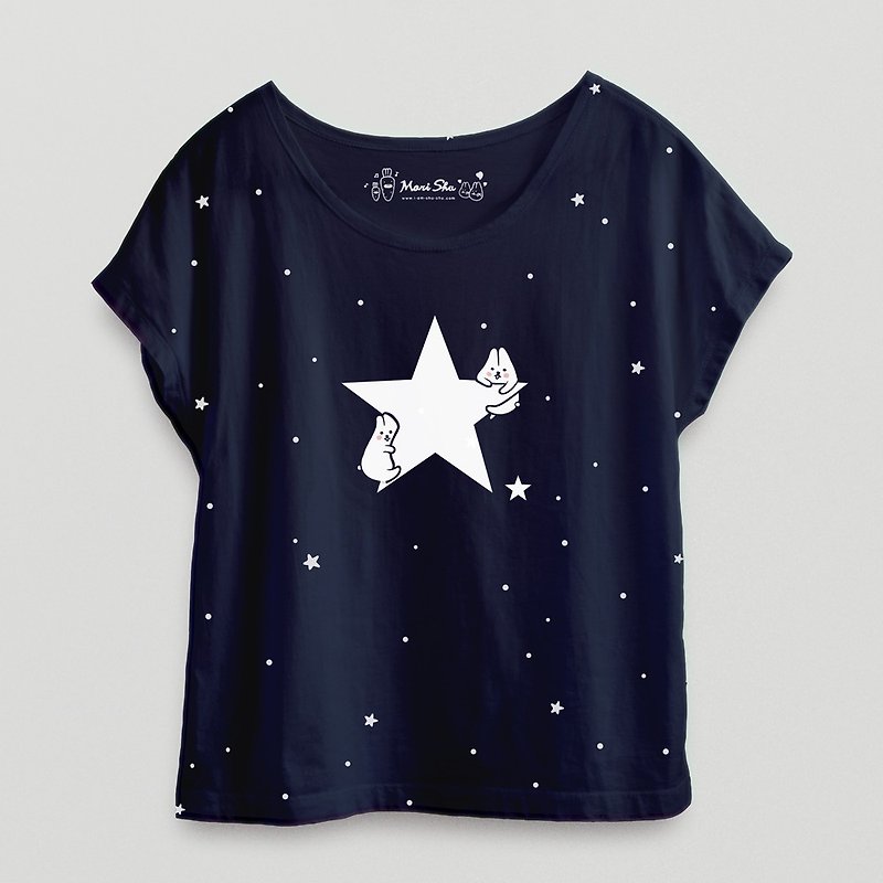 Mochi Rabbit Star T-shirt - กางเกงขาสั้น - ผ้าฝ้าย/ผ้าลินิน สีน้ำเงิน
