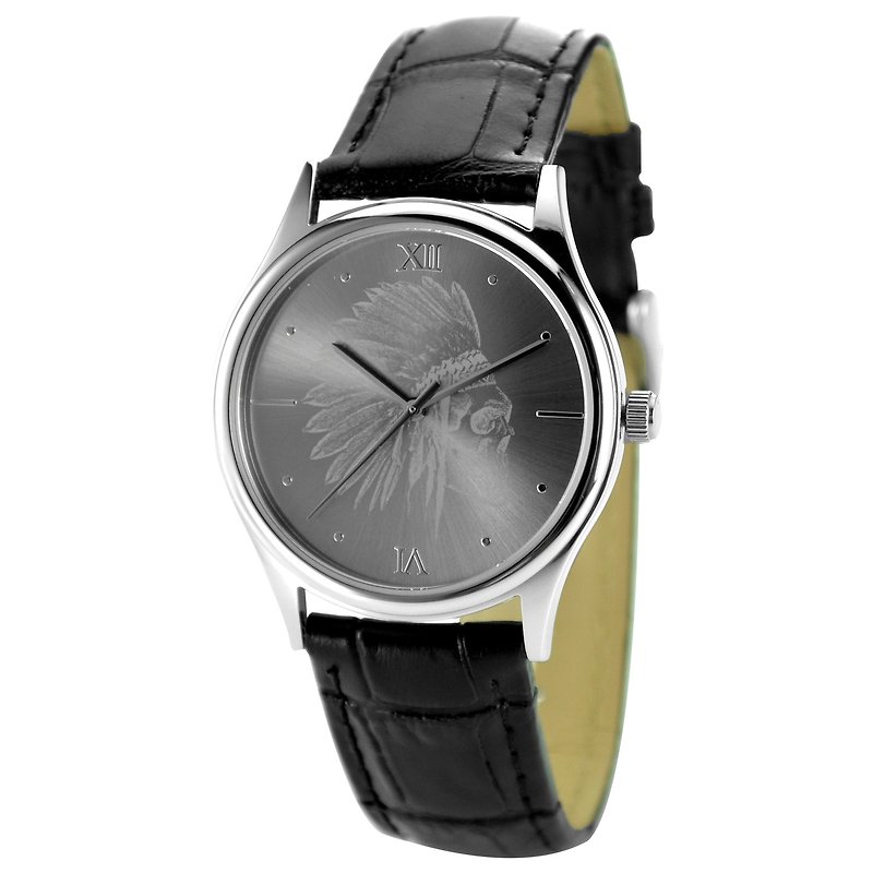 太陽紋錶面手錶 (印第安骷髏頭) 中性設計 全球免運 - 男裝錶/中性錶 - 不鏽鋼 銀色