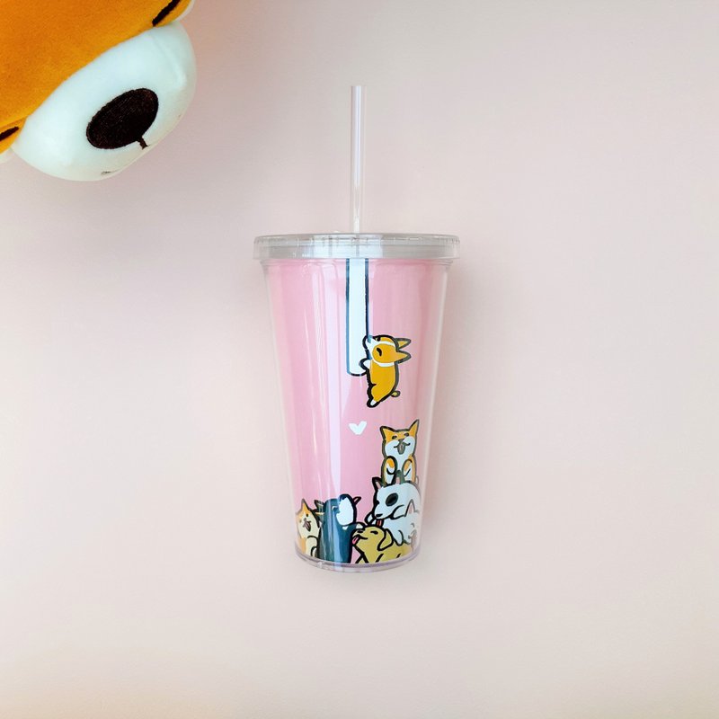 可愛動物雙層吸管冷水杯 500ml - 狗狗 - 水壺/水瓶 - 塑膠 粉紅色