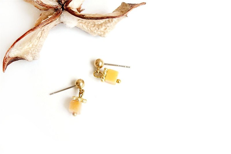 【UNA-優娜手作】黃玉甜心小方塊 - 鋼針式 黃銅 天然寶石 客製化 - 耳環/耳夾 - 寶石 多色