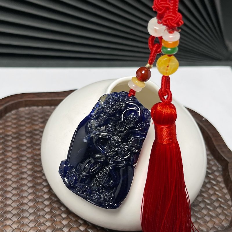 形のブランドのペンダントネックレスが刻まれた自然なブルーパターンの翡翠赤いタッセルのストラップが付いているSongheYannian Ping