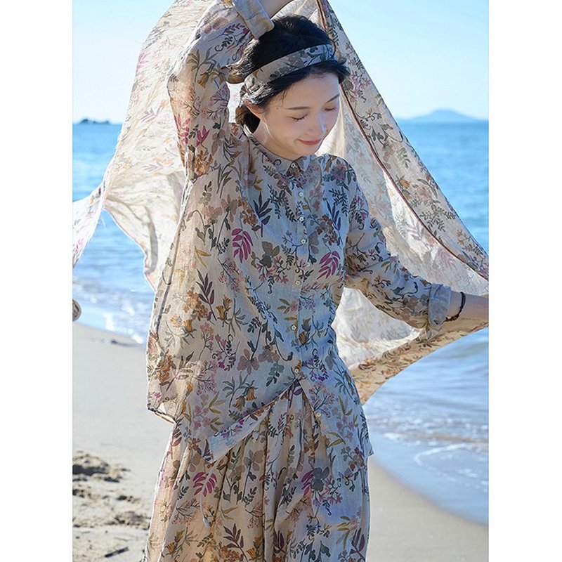 麻系碎花純亞麻輕盈透氣小翻領襯衫 - 女襯衫 - 棉．麻 