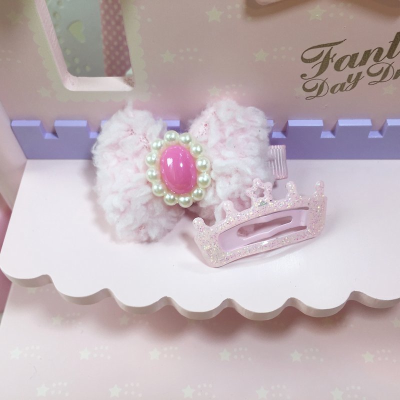 粉紅公主系髮夾 (2件1組) ~蝴蝶結寶石 / 皇冠 - 髮夾/髮飾 - 其他金屬 粉紅色