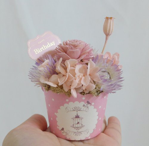 Kinki 手作Studio 情人節禮物花束粉紫玫瑰蛋糕花 甜點花盆栽 結婚捧花永生乾燥花情