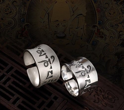 garyjewelry Real 990 Fine Silver Buddhism Mantra Finger Rings Unisex Wide Opening Rings Men