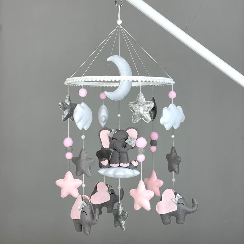 Elephant baby mobile girl Nursery mobile crib Felt hanging mobile New baby gift - 寶寶/兒童玩具/玩偶 - 其他材質 粉紅色