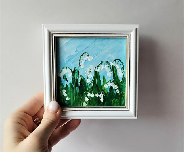 絵画 インテリア　絵　額付き(白）油絵　F4-090116　花（すずらん） 絵画 インテリア 絵 額付き(白）油絵 F4-090116 花（すずらん