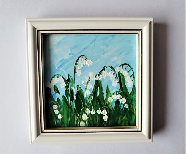 絵画 インテリア　絵　額付き(白）油絵　F4-090116　花（すずらん） 絵画 インテリア 絵 額付き(白）油絵 F4-090116 花（すずらん）