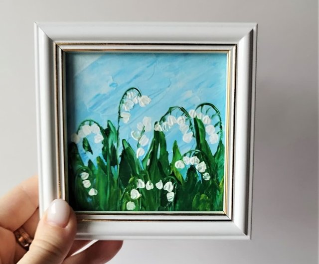 油畫スズランの絵ぶら下がっている絵白い花の壁の装飾 - ショップ