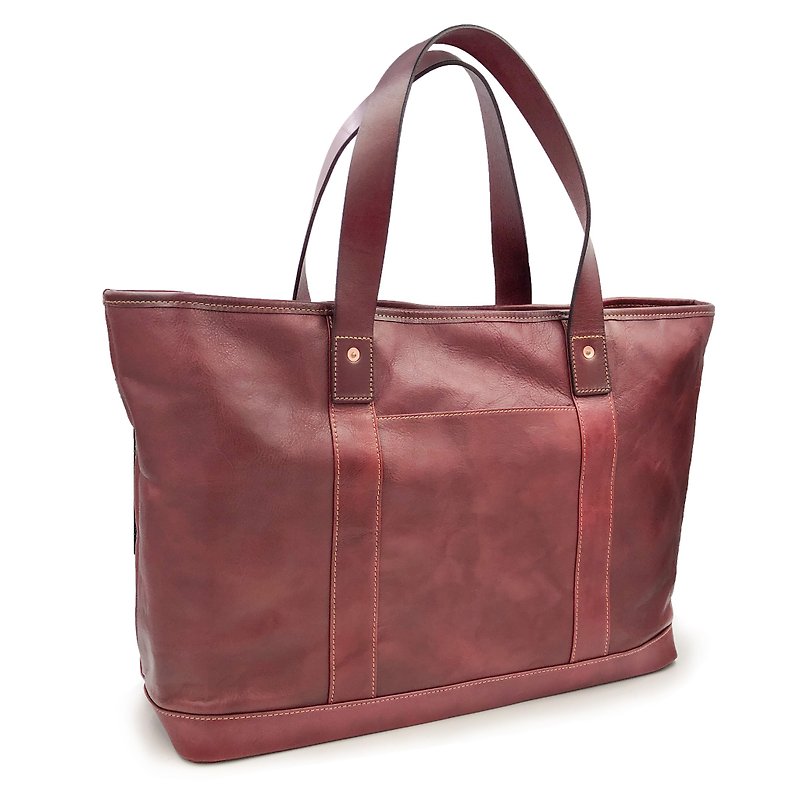 Handmade Vegetable Tanned Leather - Large Horizontal Tote Bag - กระเป๋าแมสเซนเจอร์ - หนังแท้ สีแดง