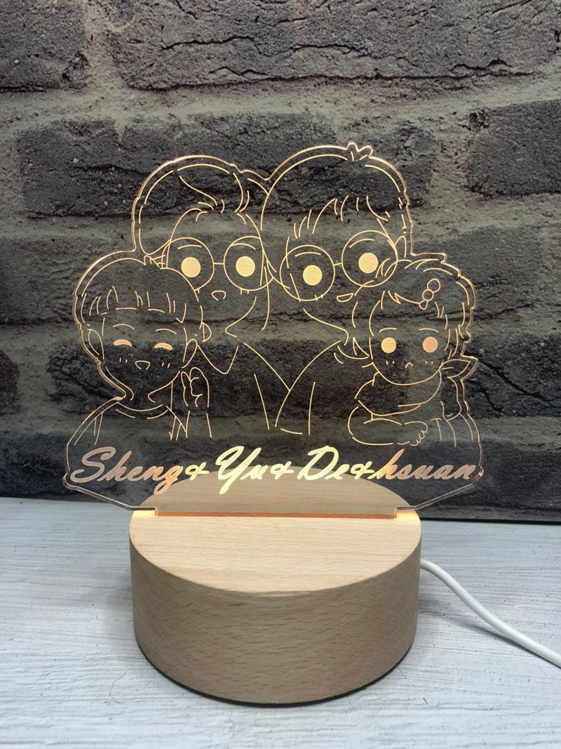 一家四口客製化Q版夜燈 手繪線條插畫 親子紀念禮物 居家溫馨擺飾 - 燈具/燈飾 - 木頭 粉紅色