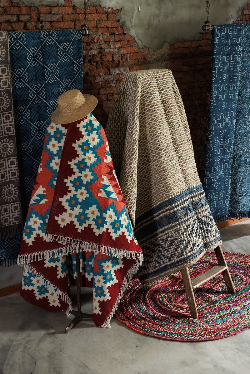 印度手工地毯 - 黃麻 + 羊毛絨 - 地墊/地毯 - 羊毛 藍色