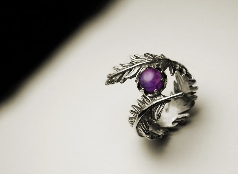 紫水晶羽毛戒指 - 戒指 - 其他金屬 銀色