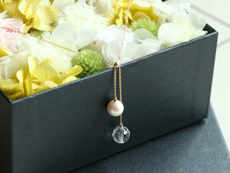 14kgf-pearl × crystal twin necklace - 耳環/耳夾/耳骨夾 - 其他金屬 白色