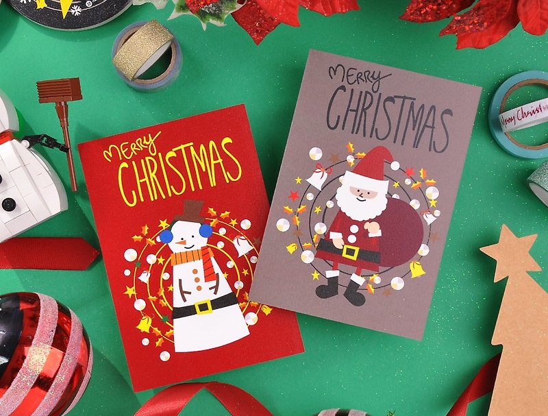 Christmas Santa Claus and Snowman Xmas Card Greeting Card Set 2 pieces - Set A - การ์ด/โปสการ์ด - กระดาษ สีเขียว