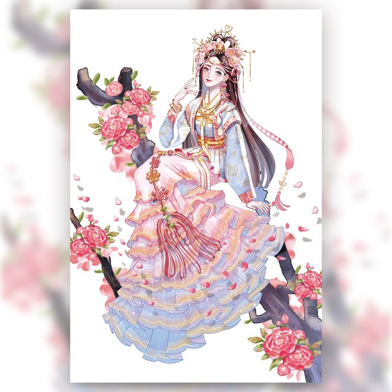 pink peony - girl Korean Hanbok illustrated postcard (uha) - 卡片/明信片 - 紙 粉紅色