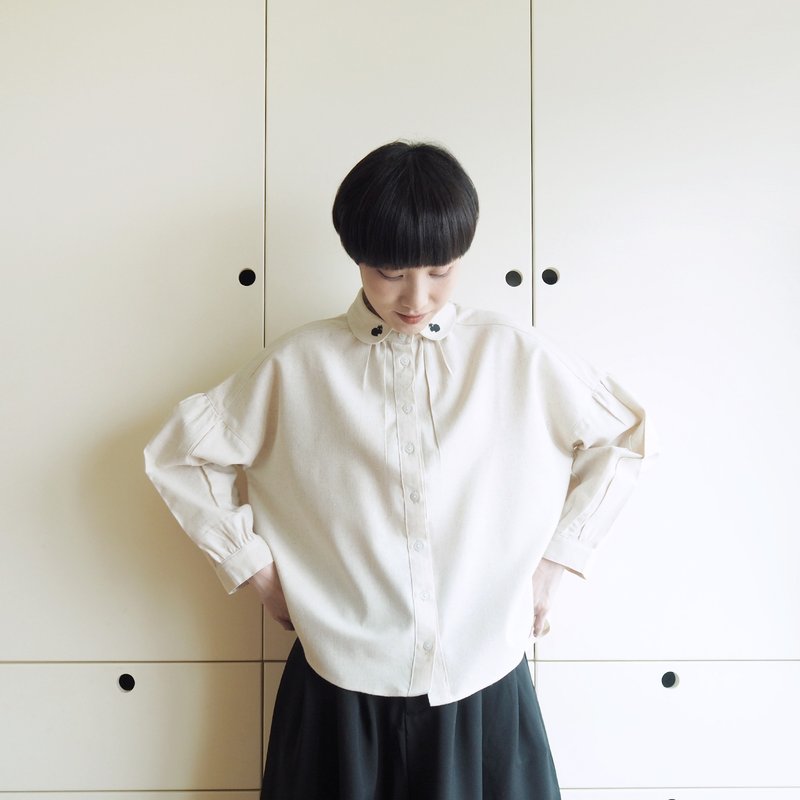 cat collar cotton linen shirt : natural - 女襯衫 - 聚酯纖維 白色