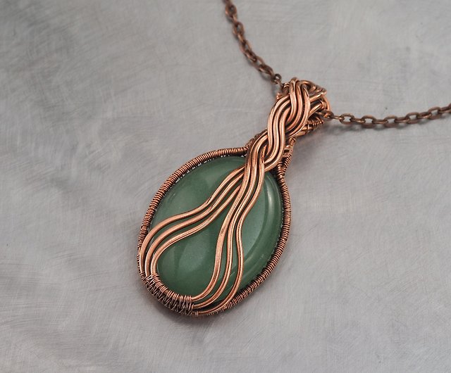 Green Aventurine and Copper Wire Woven Pendant on a Copper Chain