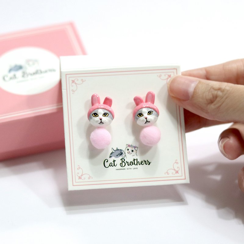Pink Rabbit Cat Earrings (small), Cat Stud Earrings, Rabbit Earrings - ต่างหู - ดินเหนียว สึชมพู