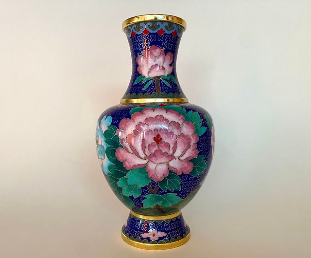 純正卸値時代物 古い銅胎七宝焼 花鳥紋花瓶 記号在銘 花器 置物 花器