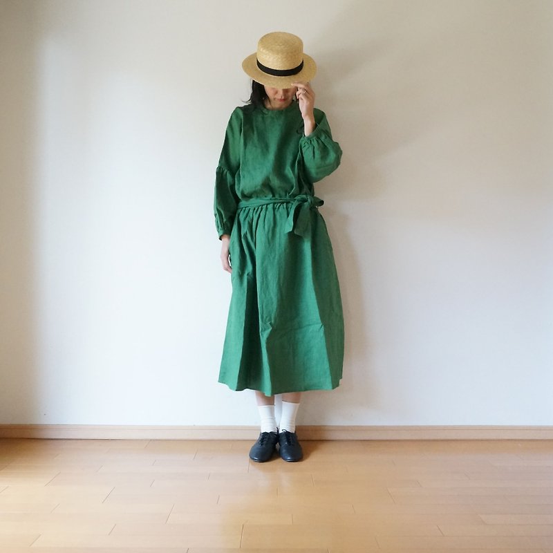 Linen waist gather one piece GREEN - 連身裙 - 棉．麻 綠色