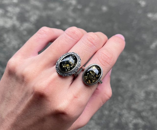 喜迎瑤 925シルバー グリーンアンバー 琥珀 天然石 フリーサイズ