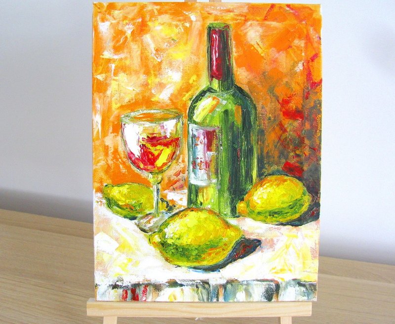 Original oil painting Wine Bottle, Glass and Lemons small size home wall decor - 壁貼/牆壁裝飾 - 其他材質 多色