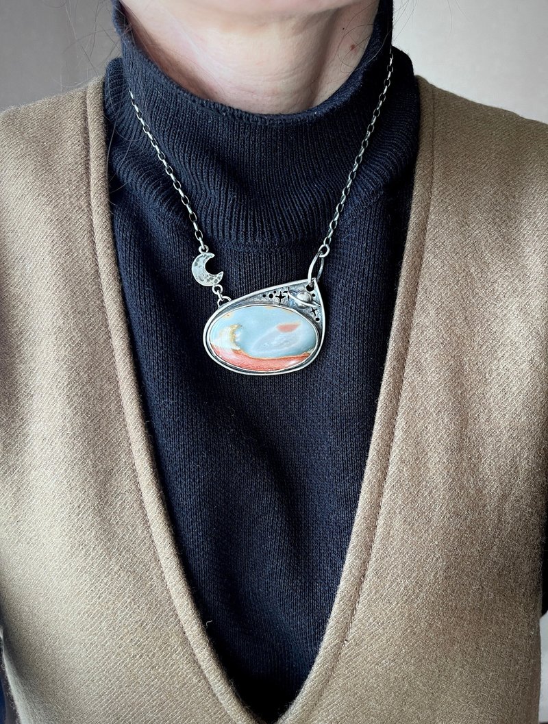 Space Necklace Landing on Saturn  Landscape polychrome Jasper  Sterling Silver - สร้อยคอ - เงินแท้ สีน้ำเงิน