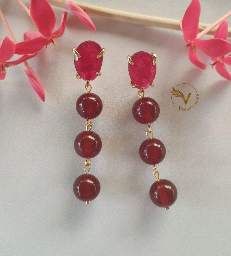 Red and red natural stone earring: One of a kind handmade earring - Earrings & Clip-ons - Stone Red